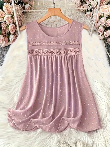 Elegant Floral Lace Trim Pleated Round Neck Tank Top, Sleeveless Ruffled Blouse for Women, Springu002FSummeru002FFall Collection, Royal Blue with Delicate Floral Patterns
