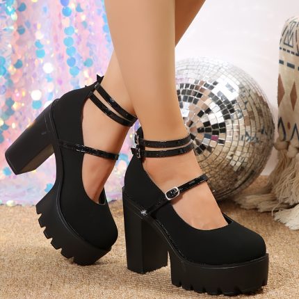 Women'S Classic Black Pumps, Plain Toe, Block Heel, Solid Color, High Heel Dress Shoes with Ankle Strap, Man-Made Upper, Polyurethane Sole, Fabric Lining, for All-Season Comfort from Huizhou