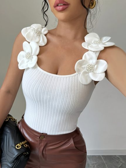 Versatile Tank Top Versatile Floral Fitted Ribbed Tank Top for Women | European and American Cross-Border