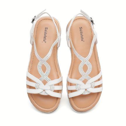 Women's Wide Fit Flat Sandals - Casual Open Toe Strappy Slip-On with Sparkling Rhinestones, Adjustable Buckle Strap, Soft Faux Cover & EVA Cushioned Sole for Summer Dressy or Casual Wear, Durable TPU Insole, Strappy Sandals
