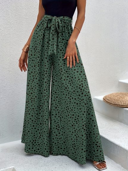 Women's Polka Dot Wide-Leg Pants with Adjustable Waist Tie - Loose Fit Long Trousers, Machine Washable All-Season Casual to Formal Elegant Chic Trousers for Women