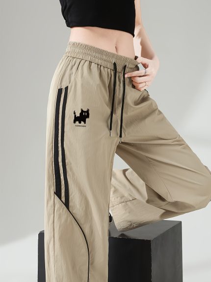 Women'S Casual Streetwear Pants with Cat Print & Striped Detail - Lightweight Ice Sliky Fiber Fabric, Beige with Black Drawstring Waist, Comfortable Long-Length Joggers for All-Season Wear, Allseason Joggers | Relaxed Fit Pants | Durable Fabric Pants
