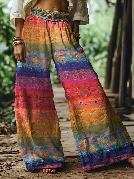 Women'S Bohemian Colorful Vintage Floral Print Wide Leg Pants - Loose Fit, Elastic Waist, Pockets, Perfect for Casual Weekend Attire, Springu002FSummeru002FFall Fashion, Casual Attire Pants|Vibrant Print Pants|Elastic Waistband Pants