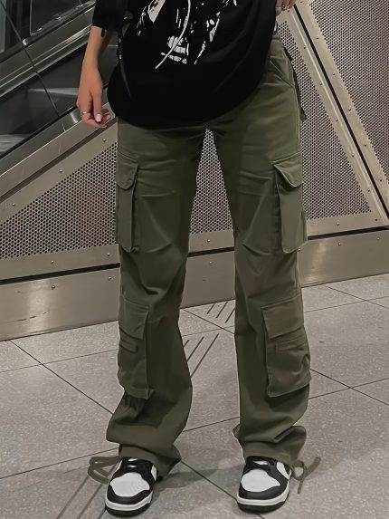Women'S High-Waisted Cargo Pants with Flap Pockets, Y2K Kpop Style, Retro Streetwear, Loose Fit Polyester Straight Leg Trousers for All Seasons, Casual Wear Pants|Y2K Fashion|Polyester Fabri