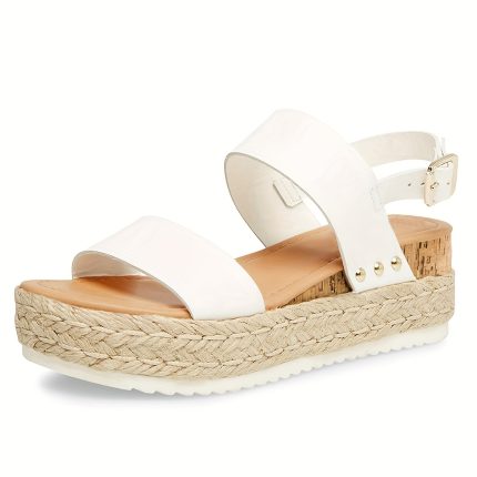 Women's Beige Espadrille Wedge Sandals - Ankle Strap Buckle, Studded Platform for Summer Comfort, Round Toe Design, Rubber Sole, PU Cover Upper, Hand Wash Only