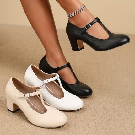 Women's Retro Mary Jane High Heels with Chunky Block Heel & T-Bar Metallic Buckle - Whiteu002FBlack Matte PU Cover, Thick Platform Cushioned Insole, Round Toe Comfort for Business, Weddings, Daily Commute