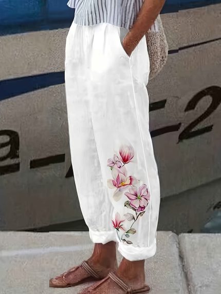 Women'S Elegant Geometric Print Wide-Leg Pants with Slanted Pockets - Lightweight, Breathable Polyester, All-Season Casual & Formal Wear, White with Colorful Floral Design, Allseason Trousers | Floral Print Pants | Lightweight Fabric