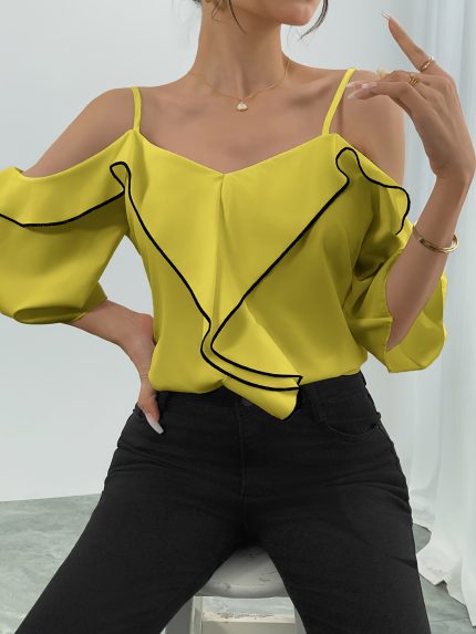 Elegant Women'S Off-Shoulder Ruffle Trim Blouse - V-Neck, Half Sleeve, Polyester, Springu002FSummer Casual & Commute Wear, White with Black Ruffle Detailing, Summer Blouse | Vneck Top | Glossy Texture