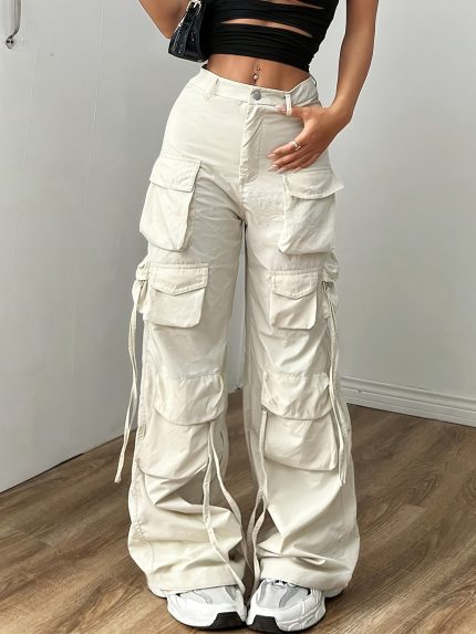 Women'S High-Waisted Wide-Leg Cargo Pants with Elastic Waistband & Multiple Pockets - Y2K Kpop Streetwear-Inspired Loose Fit, Light Gray Casual Trousers for Casual Attire, Cute Pants, Allseason Trousers, Durable Fabric Trousers