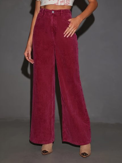 Women's High-Waist Wide-Leg Pants - Burgundy Cordurot - Button Detailing - Loose Fit Vintage Trousers for Everyday & Formal Outfits - Machine Washable Fallu002FWinter Office Casual Pants - Elegant Women's Trousers, High Waist Pants, Soft Texture Apparel