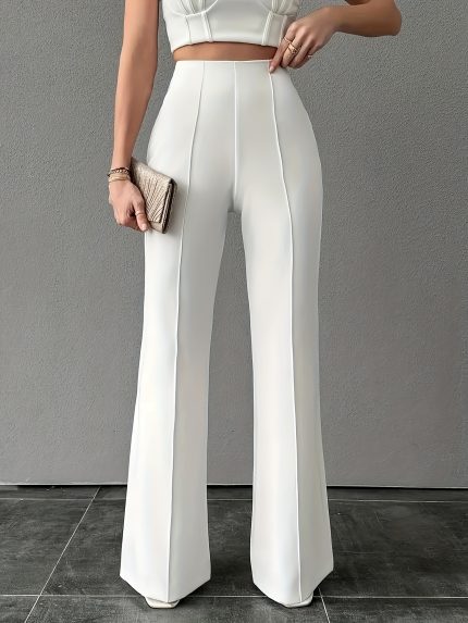 Women'S Elegant High-Waisted Wide-Leg Pants - Solid Color Polyester, Straight Leg Design, Perfect for Work & Casual Wear, Springu002FSummeru002FFall Collection, Casual Wear Pants | Sleek Wideleg Pants | Polyester Fabric