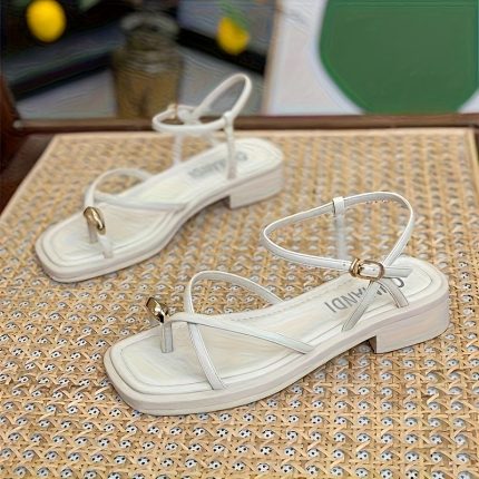 Women'S Summer 2025 New Arrival Roman Sandals - Flat, Open-Toe, White with Golden Buckle & Adjustable Straps, Soft Sole for Beach, Casual & Formal Wear, Strappy Sandals
