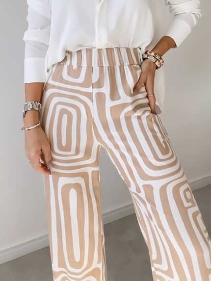 Women'S Casual Wide-Leg Pants with Geometric Pattern - Comfortable, Loose Fit, Long Length, All-Season Style, No Belt Needed, Stylish Brown and White Design, Casual Wear|Geometric Print Pants|Comfortable Fit