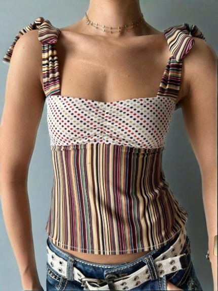 Women'S Summer Sleeveless Tank Top - Casual Off-Shoulder Striped & Polka Dot Design, Tie-Up Straps, Lightweight Polyester, Perfect for Streetwear & Everyday Outfits, Stylish Layering Piece | Trendy Offshoulder Top | Glossy Texture
