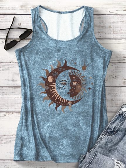 Women's Casual Sleeveless Tank Top with Sun & Moon Geometric Print - Light Grey Relaxed Fit Round Neck, Machine Washable All-Season Versatile Wear, Ladies Tank Tops, Allseason Clothing, Artistic Celestial Design