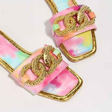 Women'S Gold-edged, Chain-buckle-decorated One-word-band Flat Sandals
