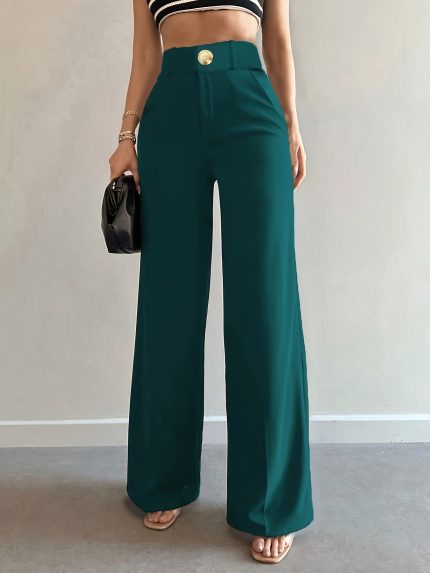 Women'S Stylish Brown Wide-Leg Trousers - All-Season, Professional & Casual Fit, Pockets, Solid Color, Adult, Casual Attire|Stylish Wide Leg Pants|Suitable for All Seasons, Pants