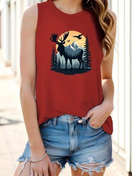 Women's Sleeveless Vest with Moose & Mountain Landscape Geometric Print - Casual Round Neck All-Season Machine Washable Outdoor-Inspired Fashion Top, Naturethemed Clothing | Sunset Sky Graphic | Nontransparent Fabric