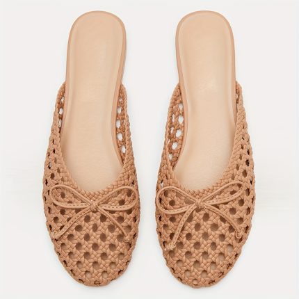 Women's Elegant Woven Flat Sandals with Bow Knot ?C Round Toe Slip-On Beach Shoes, Breathable PU Cover Summer Casual Outdoor Slides Light Brown, Ladies Sandals