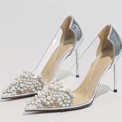 Women's Handmade Flower Decorated Transparent High Heels Pointed Toe Fashion Silvery Spring Autumn Wedding Shoes