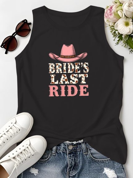 Women's Sleeveless Cowboy Vest - BRIDE's LAST RIDE Graphic Print with Leopard Accents & Pink Cowboy Hat Design, Casual Round Neck Machine-Washable Top for Bridal Showers, Western Weddings & Themed Parties, Themed Party Clothing, Playful Text Apparel