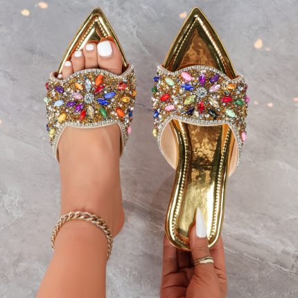 Women's Golden Rhinestone-Embellished Pointed Toe Slip-On Sandals - Comfortable Flat Heel, Synthetic Cover & TPR Sole, Extended Size 44 for Parties, Weddings, Beach, Ladies Shoes And Sandals, Party Footwear, Durable Traction Footwear