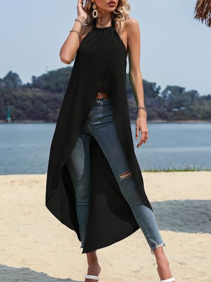 Women'S Elegant Halter Neck Sleeveless Dress - Asymmetrical Black Top with Ruffled Detail, Perfect for Beach, Casual & Formal Events, Beach Attire|Asymmetrical Hemline|Ruffled Detail
