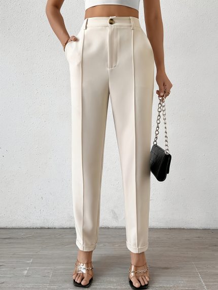 Women's Elegant Solid Color Tapered Casual Pants - Wide-Leg Office & Casual Attire, Machine Washable, All-Season Versatile Neutral Tones with Pockets, Professional Attire, Highwaisted Design, Durable Fabric